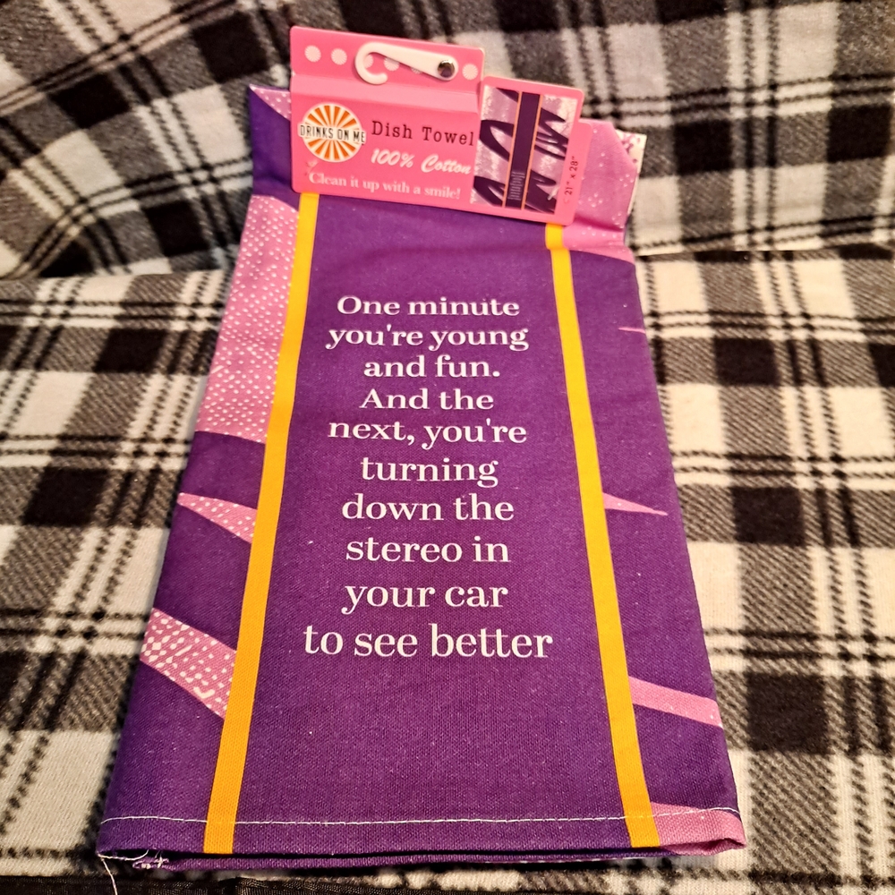 Drinks On Me Purple and Pink Cotton Boomer Humor Cotton Dish Towel